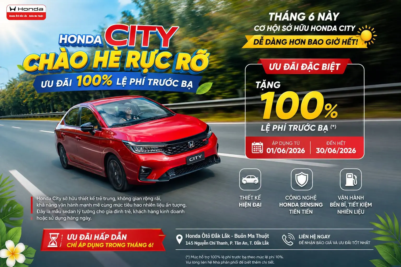 Honda City Ưu Đãi 100% Lệ Phí Trước Bạ Tại Honda Ôtô Đắk Lắk – Buôn Ma Thuột Tháng 6/2026
