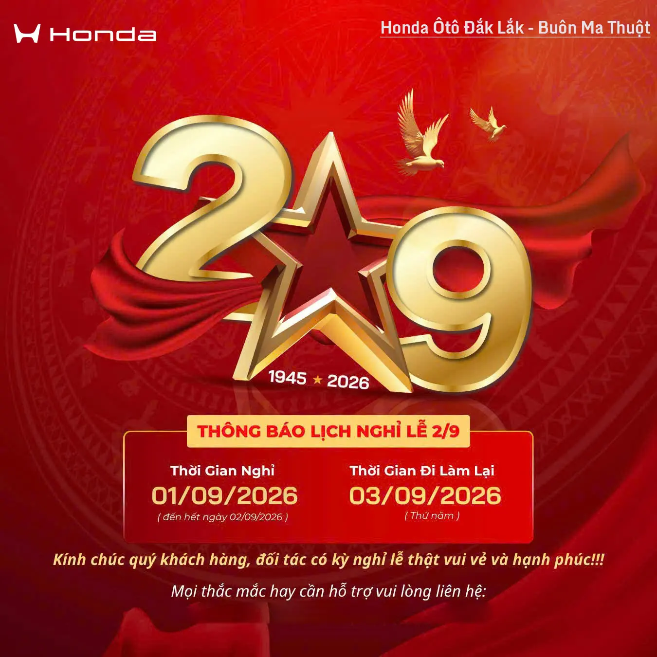 Honda Ôtô Đắk Lắk – Buôn Ma Thuột thông báo đến Quý Khách hàng lịch nghỉ lễ Quốc khánh 2/9/2026