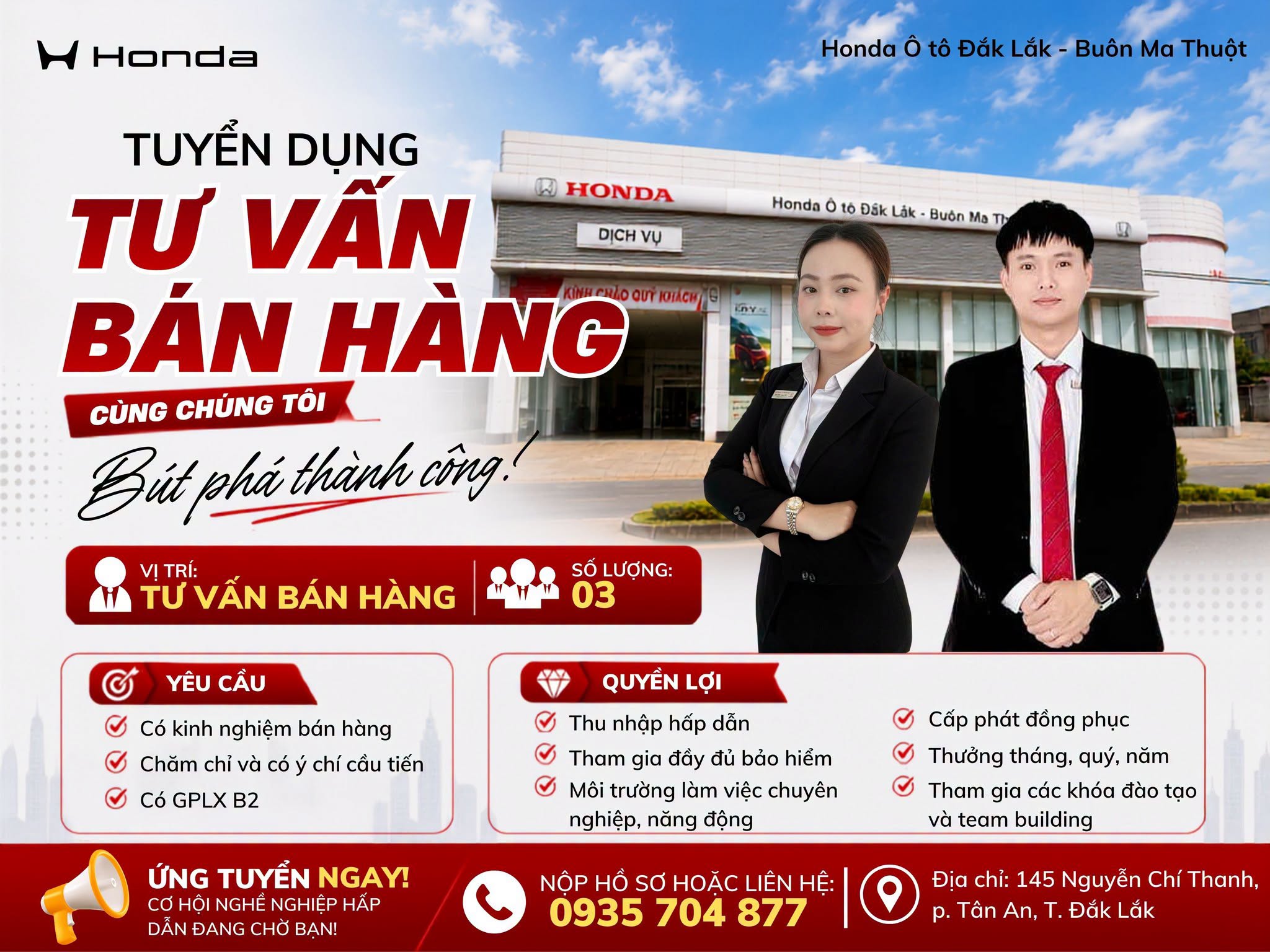 Honda Ô tô Đắk Lắk – Buôn Ma Thuột tuyển dụng tư vấn bán hàng, đi làm ngay tháng 08-2026